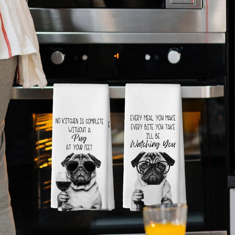 Mcehtle Funny Pug Kitchen Towels Set of 2, Dog Kitchen Accessories, Coffee Station Wine Bar Decor, Dog Chef Gift Hand Towel, Dining Room Decorative Tea Towel Dish Towels 16x24 Inch - Image 2